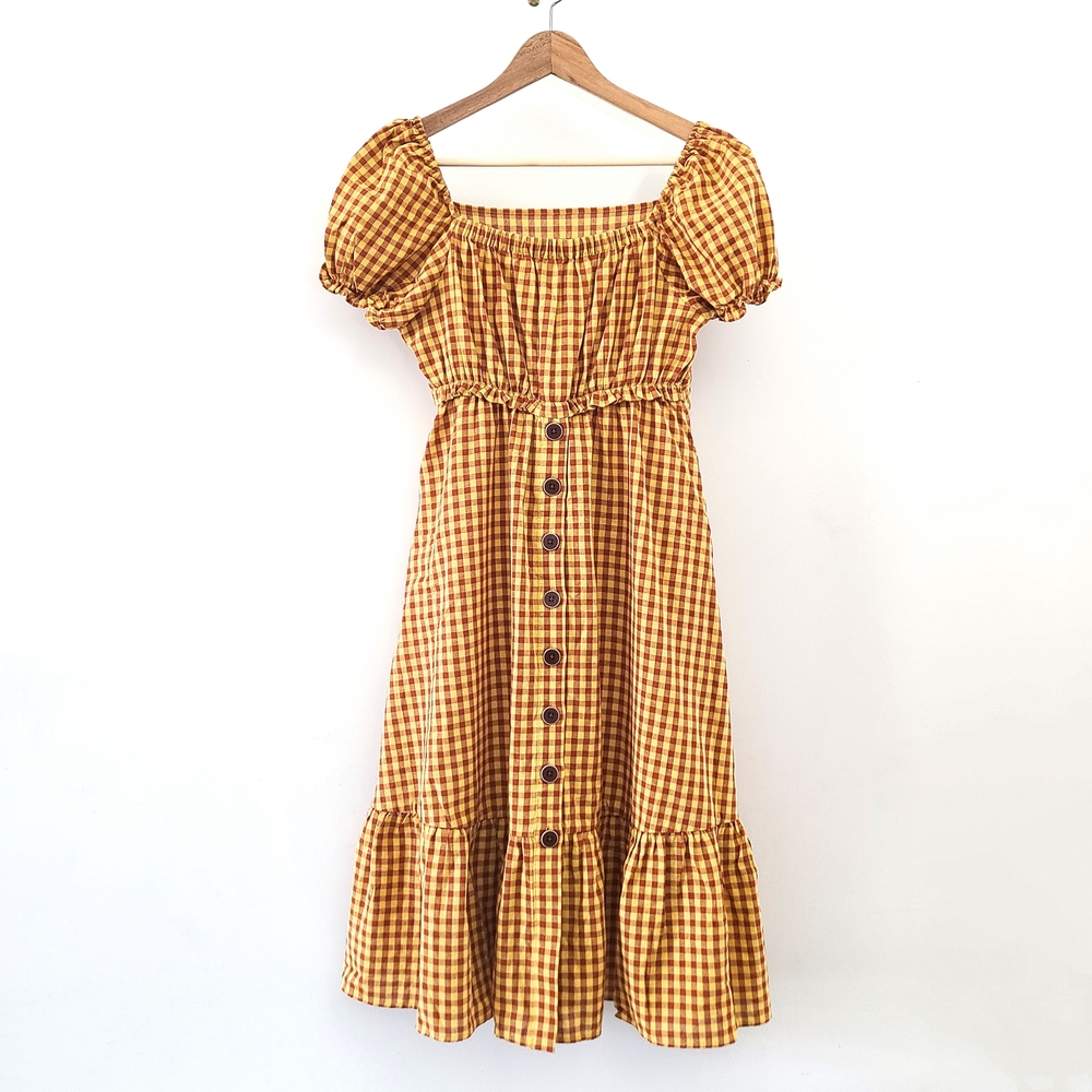 Gingham Puff-Sleeve Midi Dress in Mustard